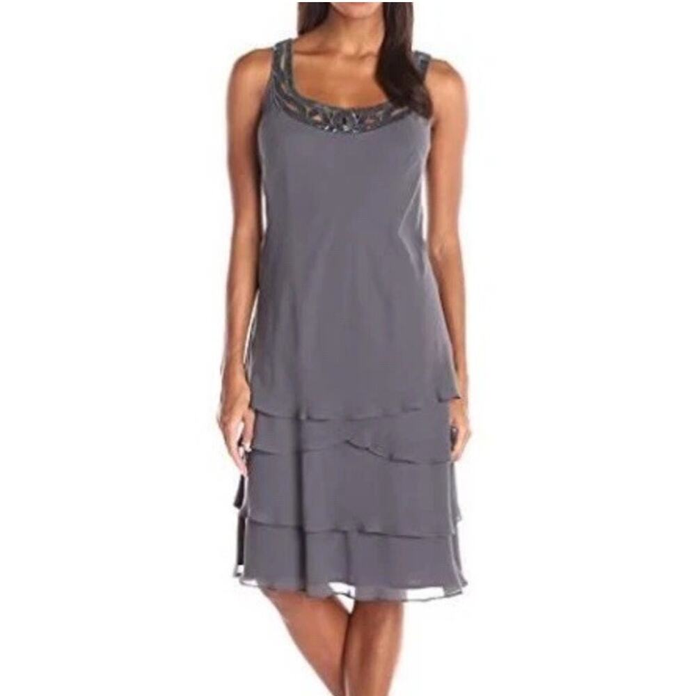 NEW S.L. Fashions Womens 16W Embellished Tiered Dress Formal Wedding Steel Grey